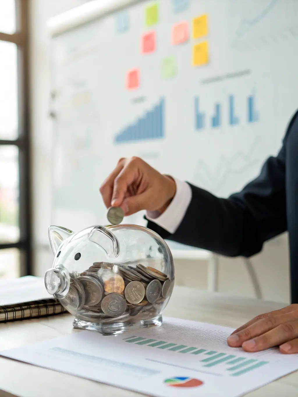 A stack of coins and a budget planner, representing effective budget management strategies.